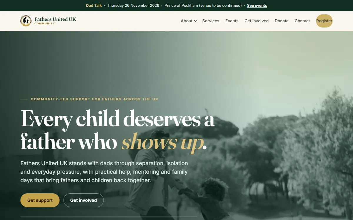 Screenshot of the Fathers United UK website homepage